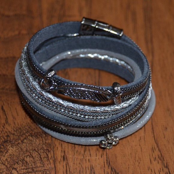 Gray/Silver Cuff Wrap Bracelet with Feather Detail - Picture 1 of 8